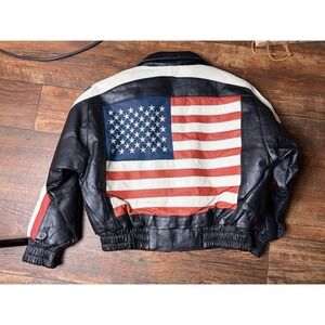 Vintage Wilda Boys  Leather Bomber Jacket USA Flag Black Small Fits 4/5 Boys